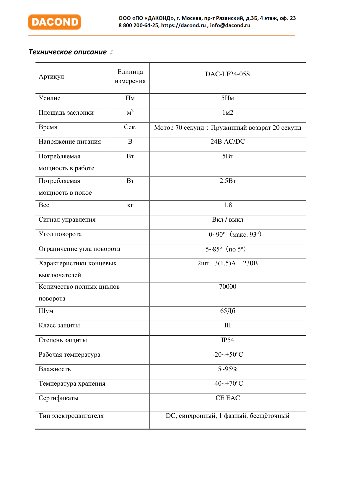 Привод воздушной заслонки DAC-LF24-05S